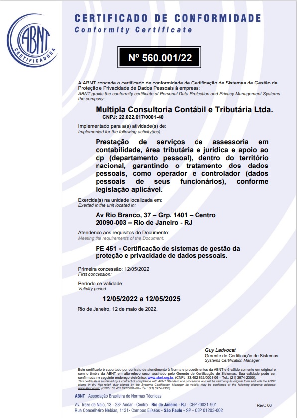 Escritório de Contabilidade Múltipla Consultoria tem certificação LGPD